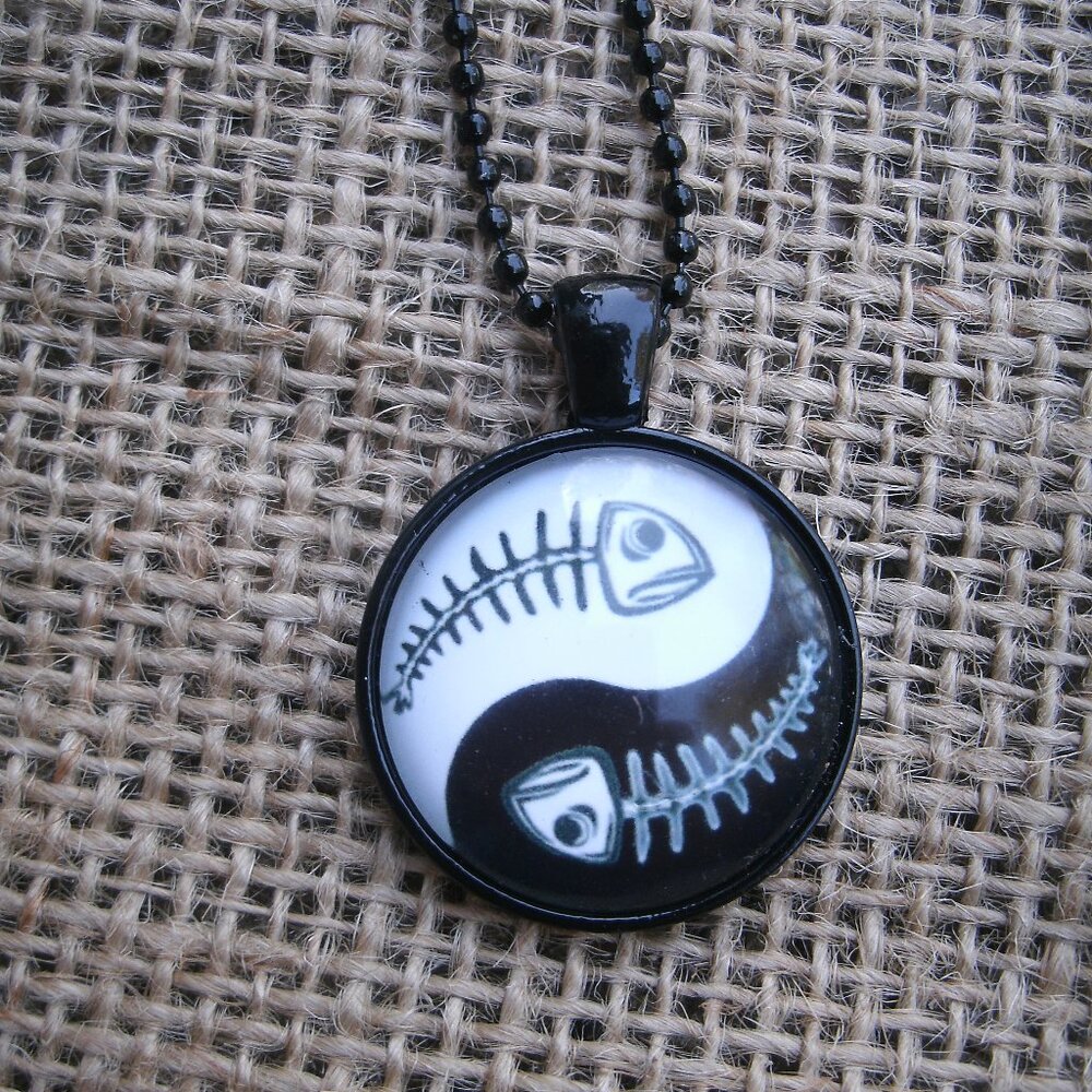 Bone Fish Yin Yang Symbol Pendant Necklace